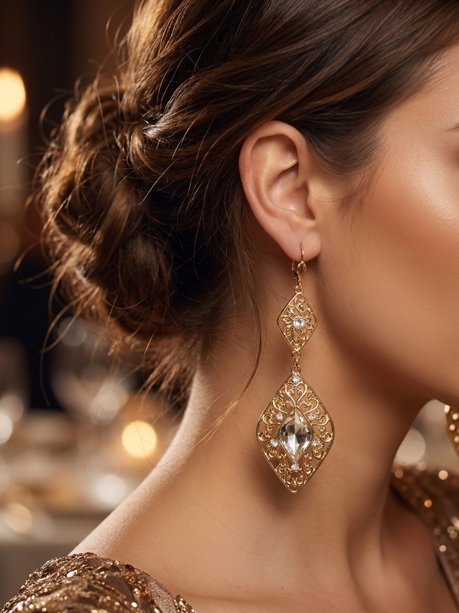 Boucles d'Oreilles Pendantes Style Oriental - worn festive