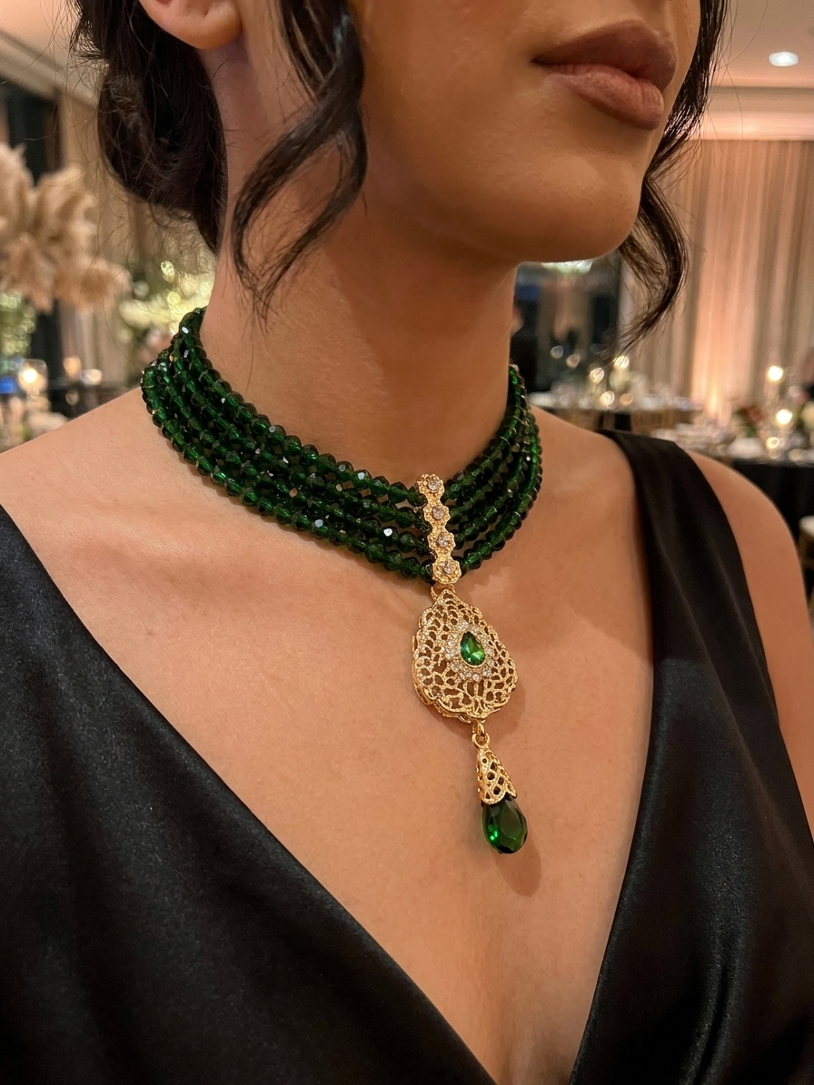 Collier Plastron Multi-Rangs avec Pendentif Filigrane - worn festive