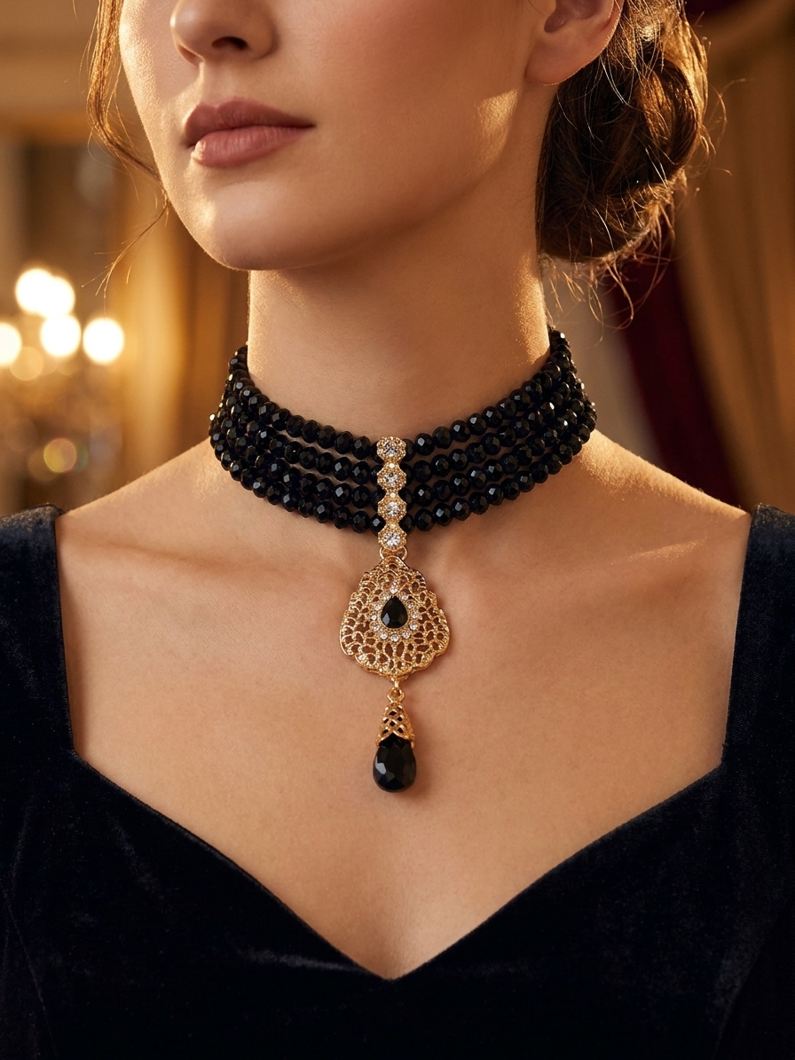 Collier Plastron Multi-Rangs avec Pendentif Filigrane - worn festive