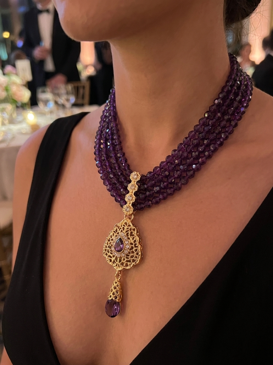 Collier Plastron Multi-Rangs avec Pendentif Filigrane - worn festive