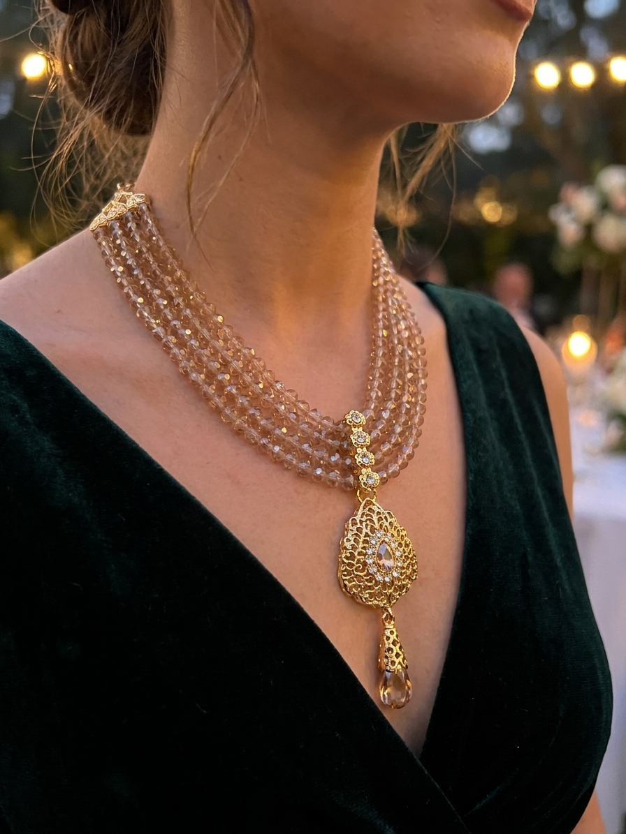 Collier Plastron Multi-Rangs avec Pendentif Filigrane - worn festive