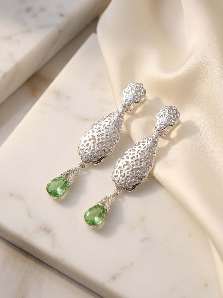 Articulated Filigree Statement Earrings Almond Green - lifestyle