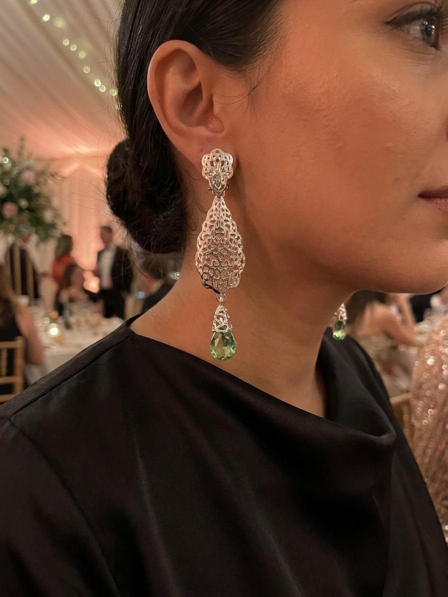 Articulated Filigree Statement Earrings Almond Green - vue portee
