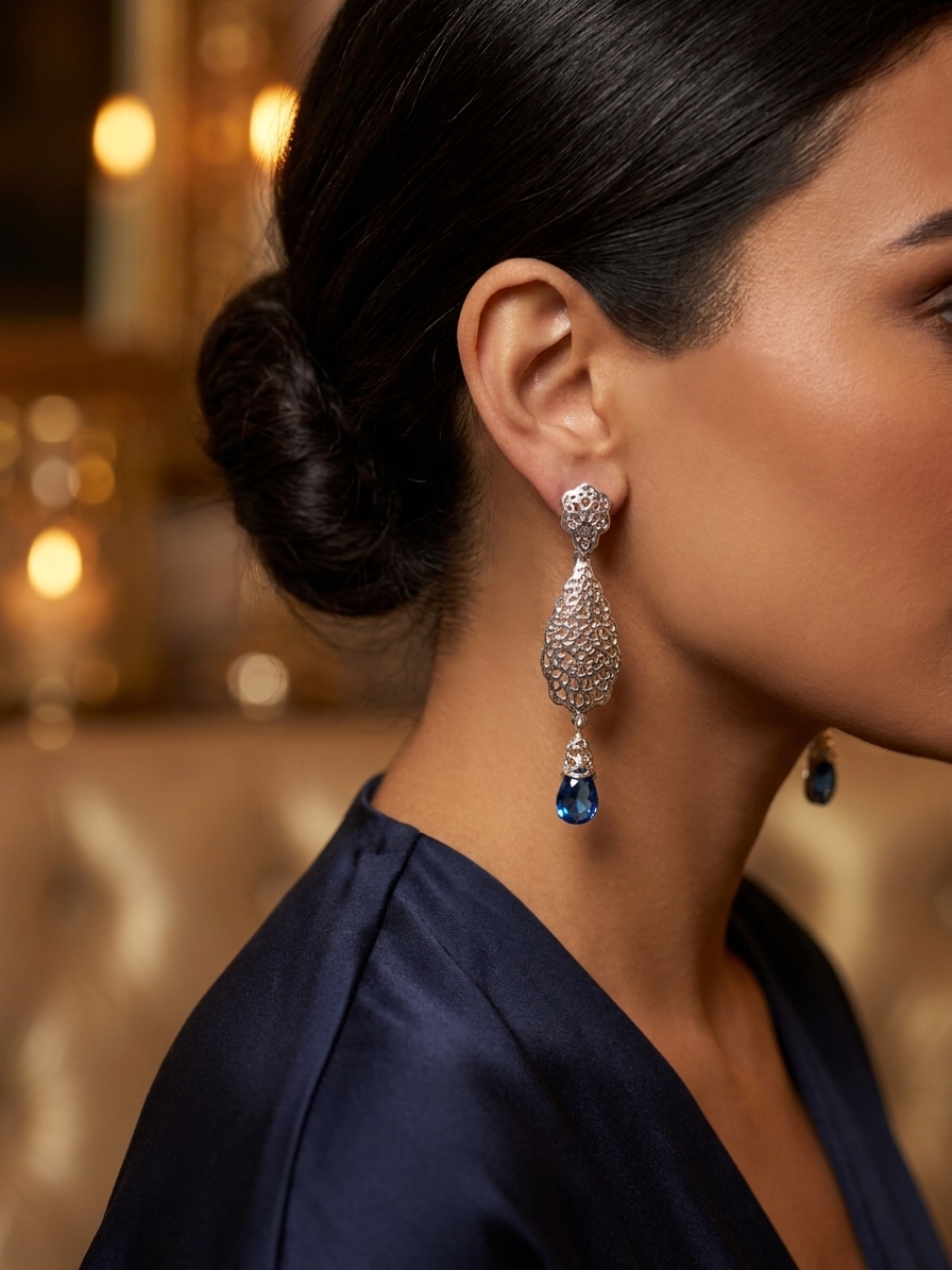 Articulated Filigree Statement Earrings Baby blue - vue portee