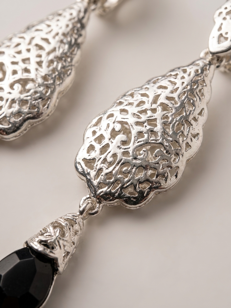 Articulated Filigree Statement Earrings Black - zoom detail