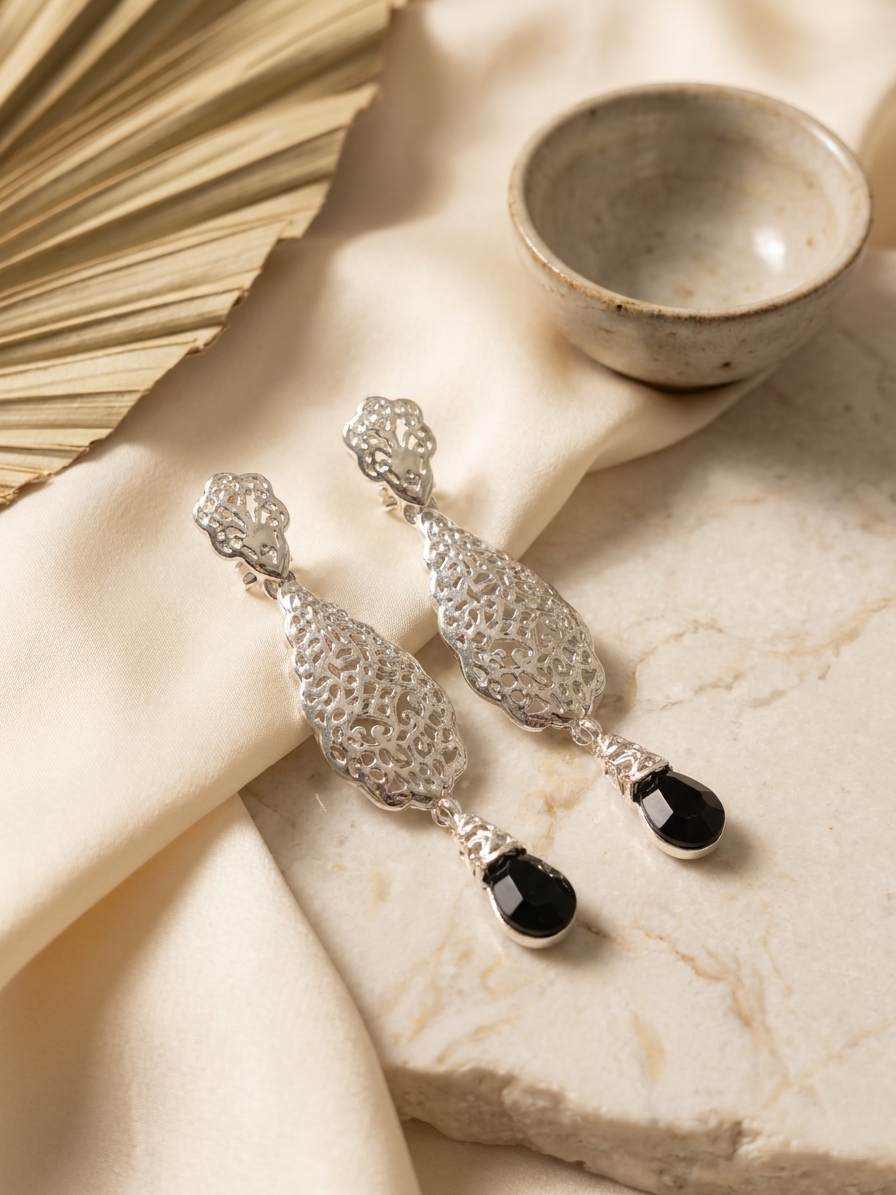 Articulated Filigree Statement Earrings Black - lifestyle