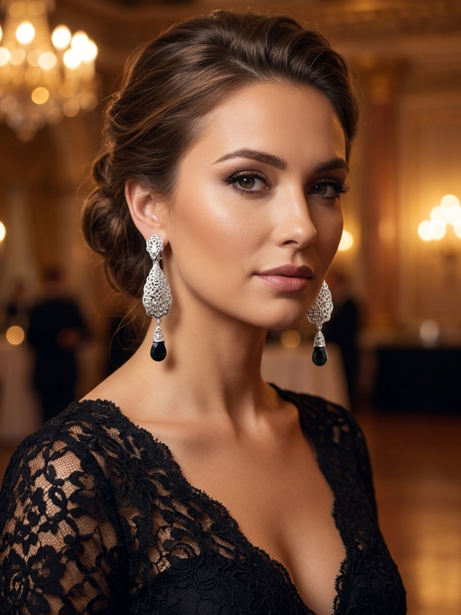 Articulated Filigree Statement Earrings Black - vue portee
