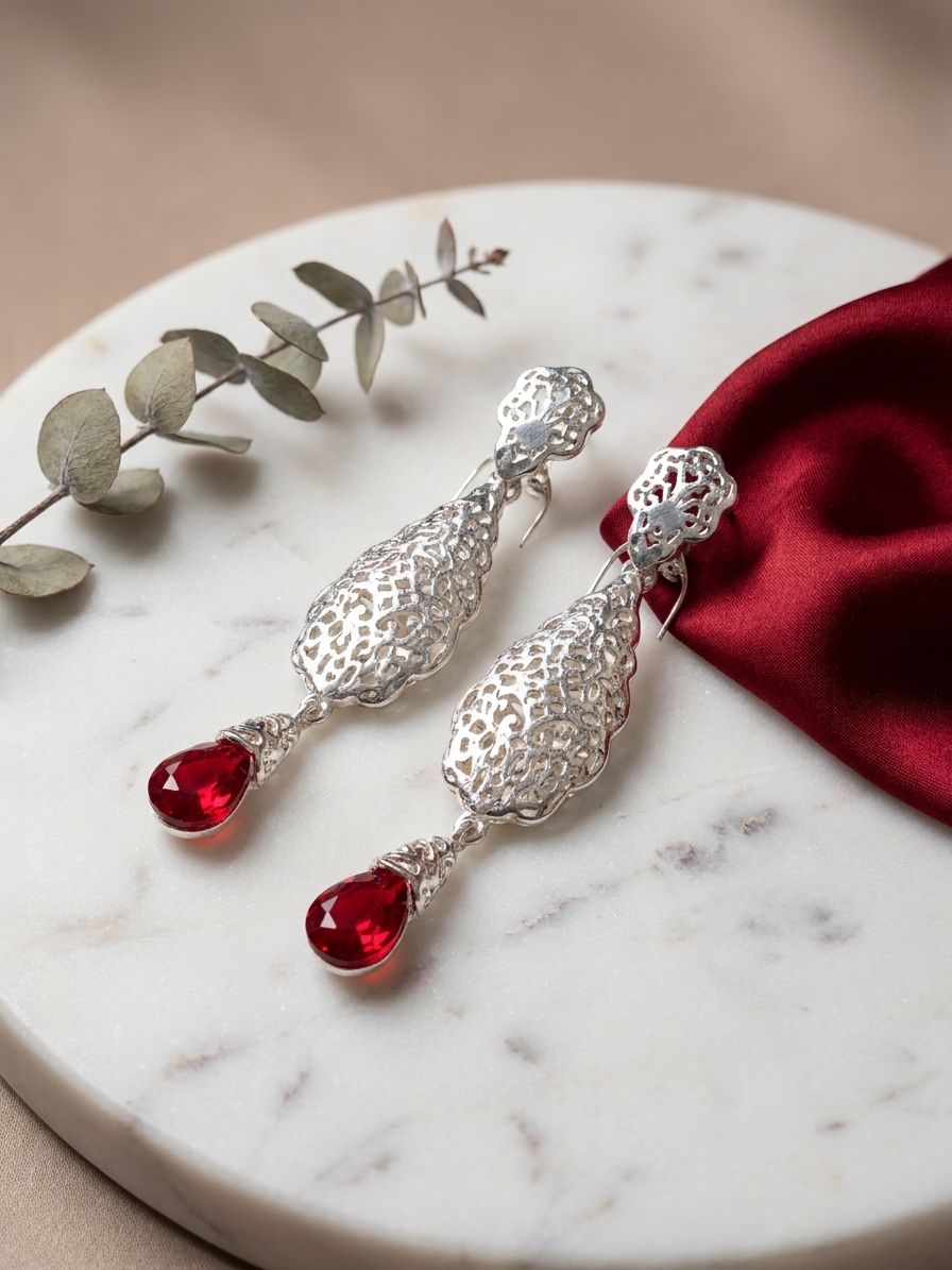 Articulated Filigree Statement Earrings Bordeaux - lifestyle