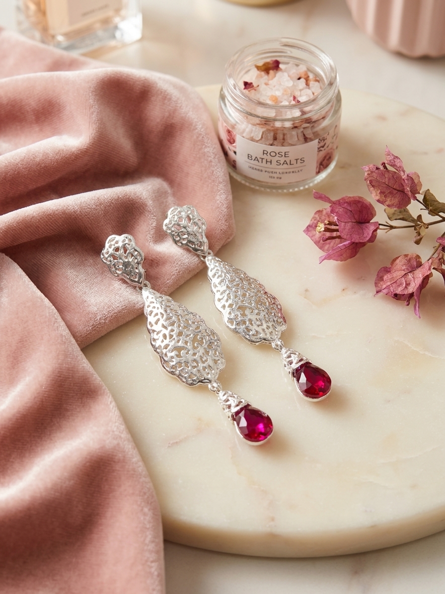 Articulated Filigree Statement Earrings Fuchsia - lifestyle