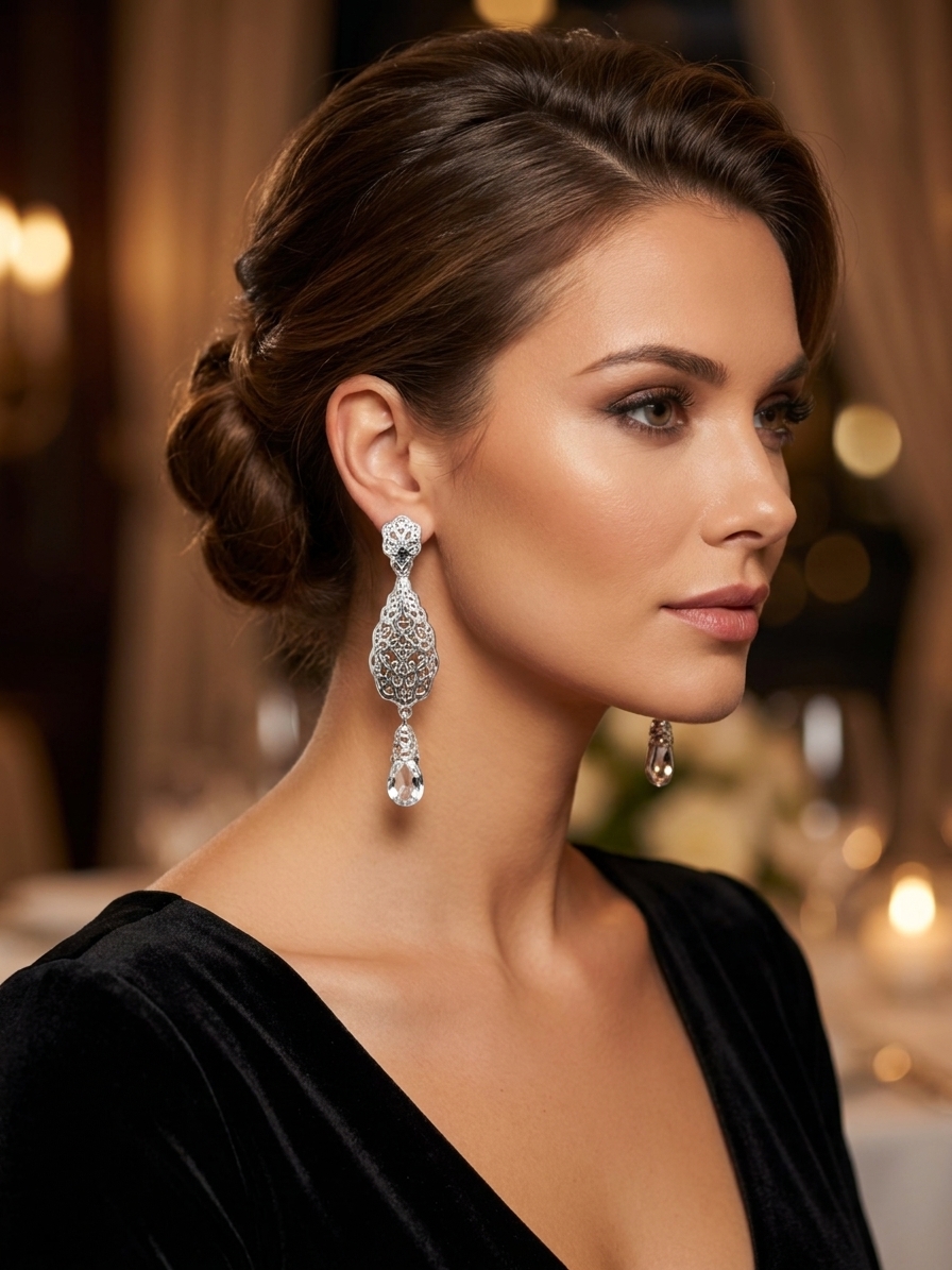 Articulated Filigree Statement Earrings White - vue portee