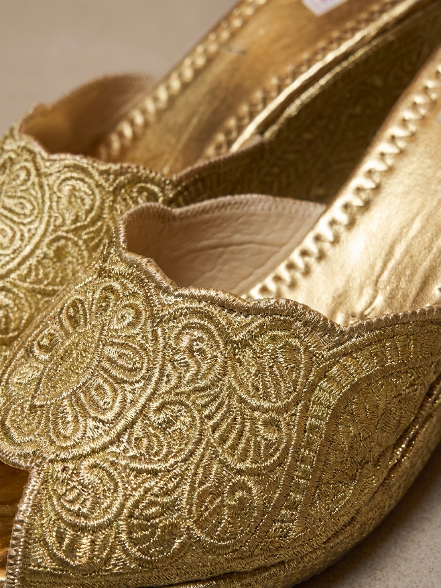 Cherbile Embroidered Wedge Mules Gold - zoom detail