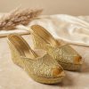 Cherbile Embroidered Wedge Mules Gold - lifestyle