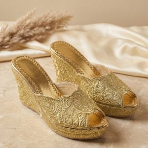 Cherbile Embroidered Wedge Mules Gold - lifestyle