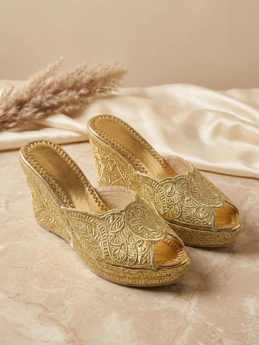 Cherbile Embroidered Wedge Mules Gold - lifestyle