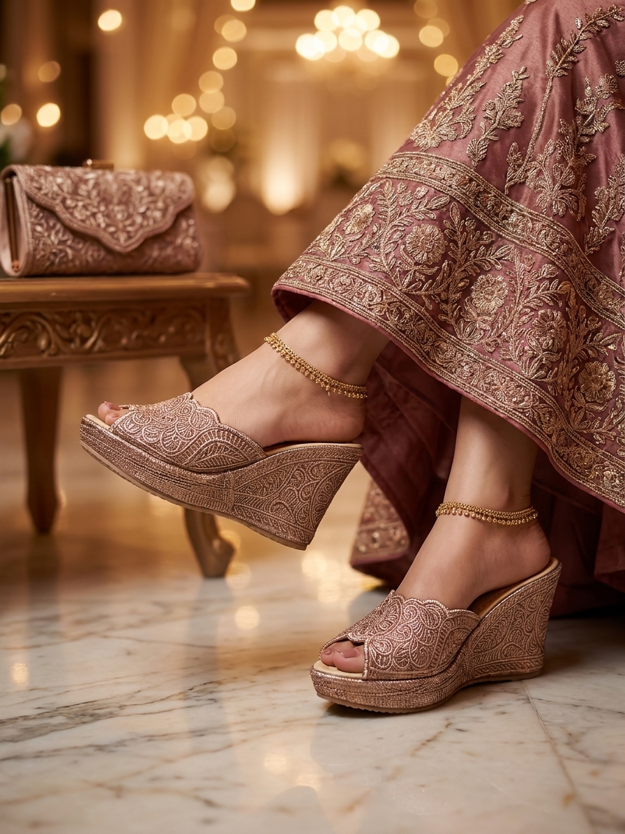 cherbile-embroidered-wedge-mules-pink-porte-snp3344 Cherbile Embroidered Wedge Mules Pink - vue portee
