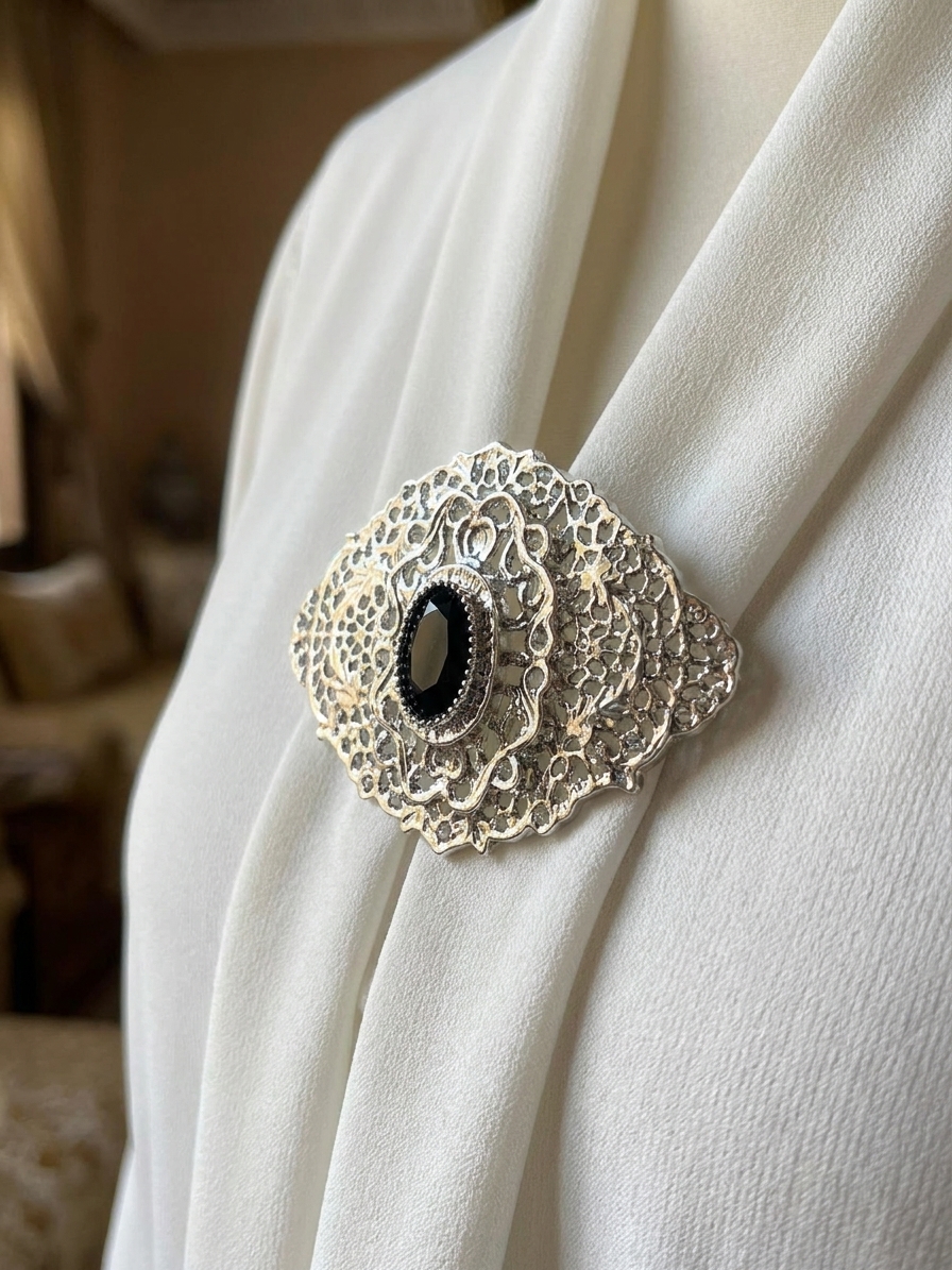 Elegant Filigree Brooch Black - vue portee