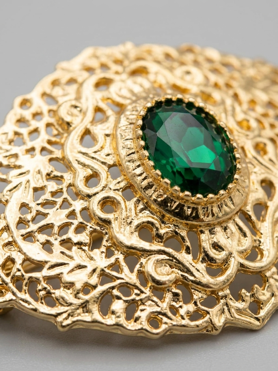 Elegant Filigree Brooch Green - zoom detail