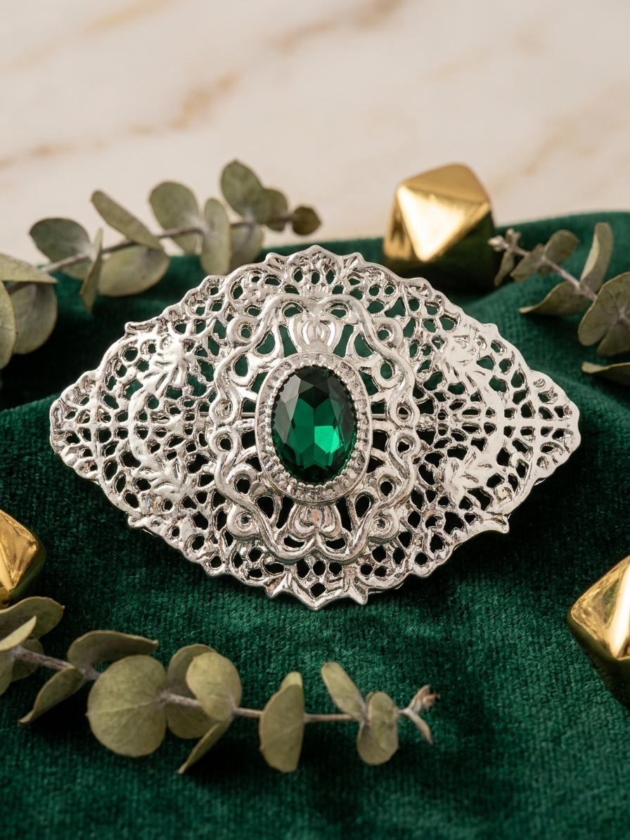 Elegant Filigree Brooch Green - lifestyle