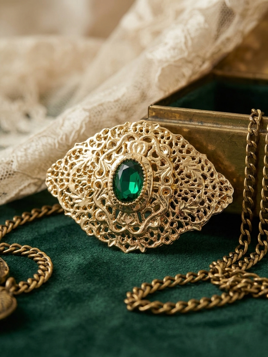 Elegant Filigree Brooch Green - lifestyle
