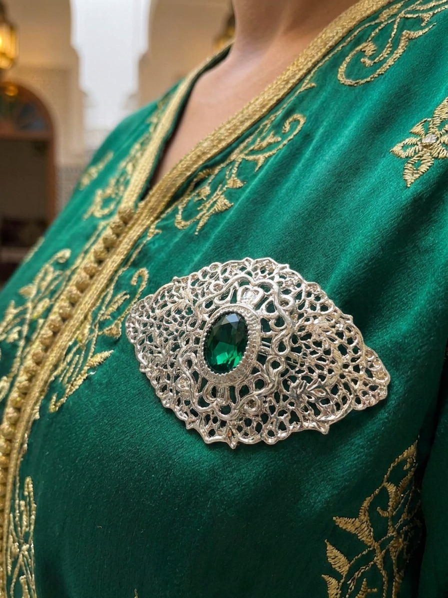 Elegant Filigree Brooch Green - vue portee