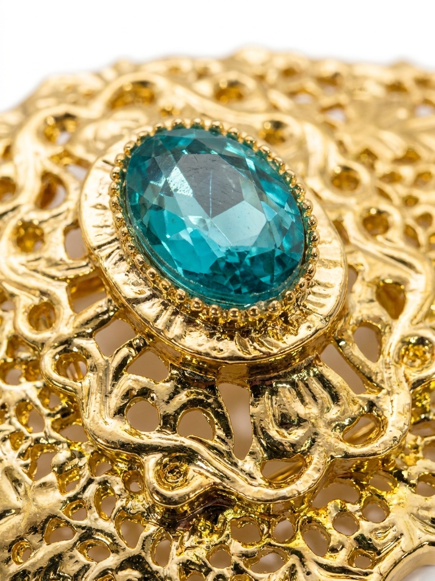 Elegant Filigree Brooch Petrol Blue - zoom detail