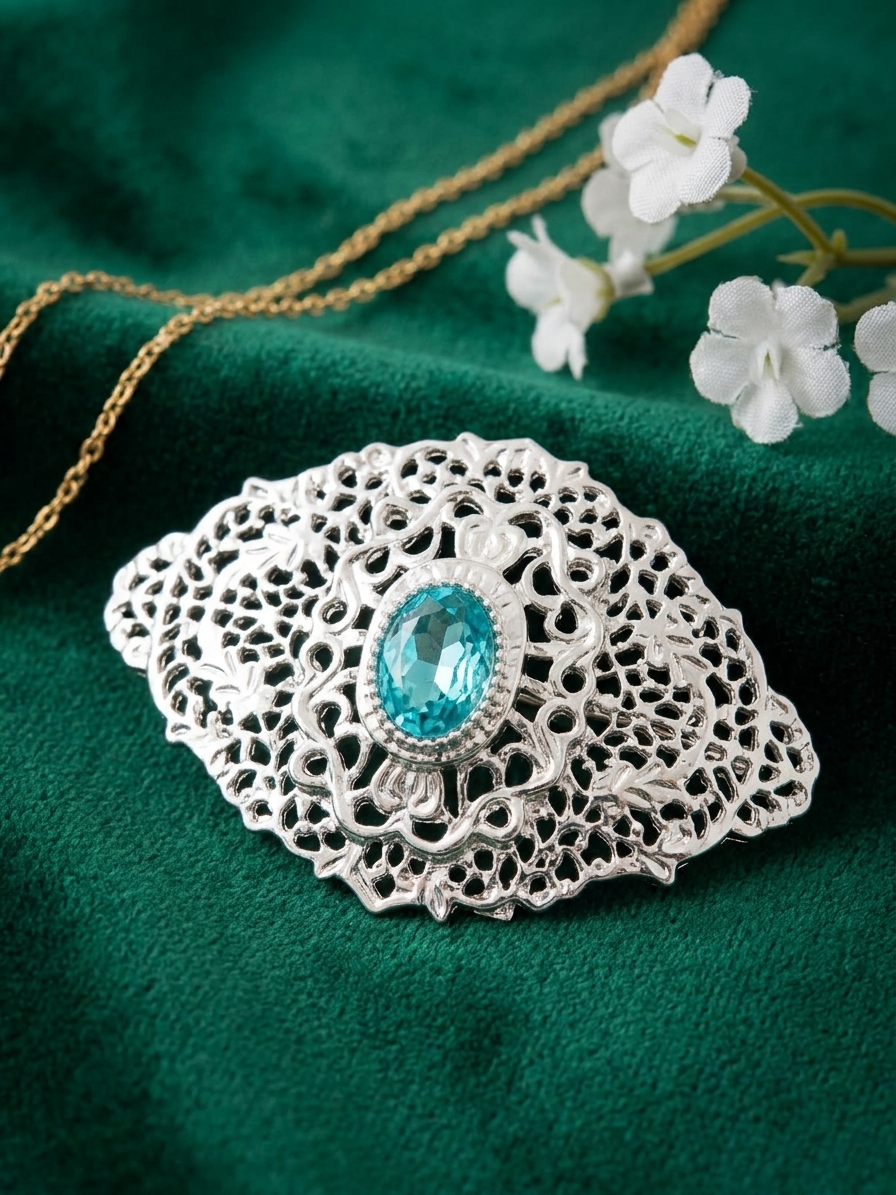 Elegant Filigree Brooch Petrol Blue - lifestyle
