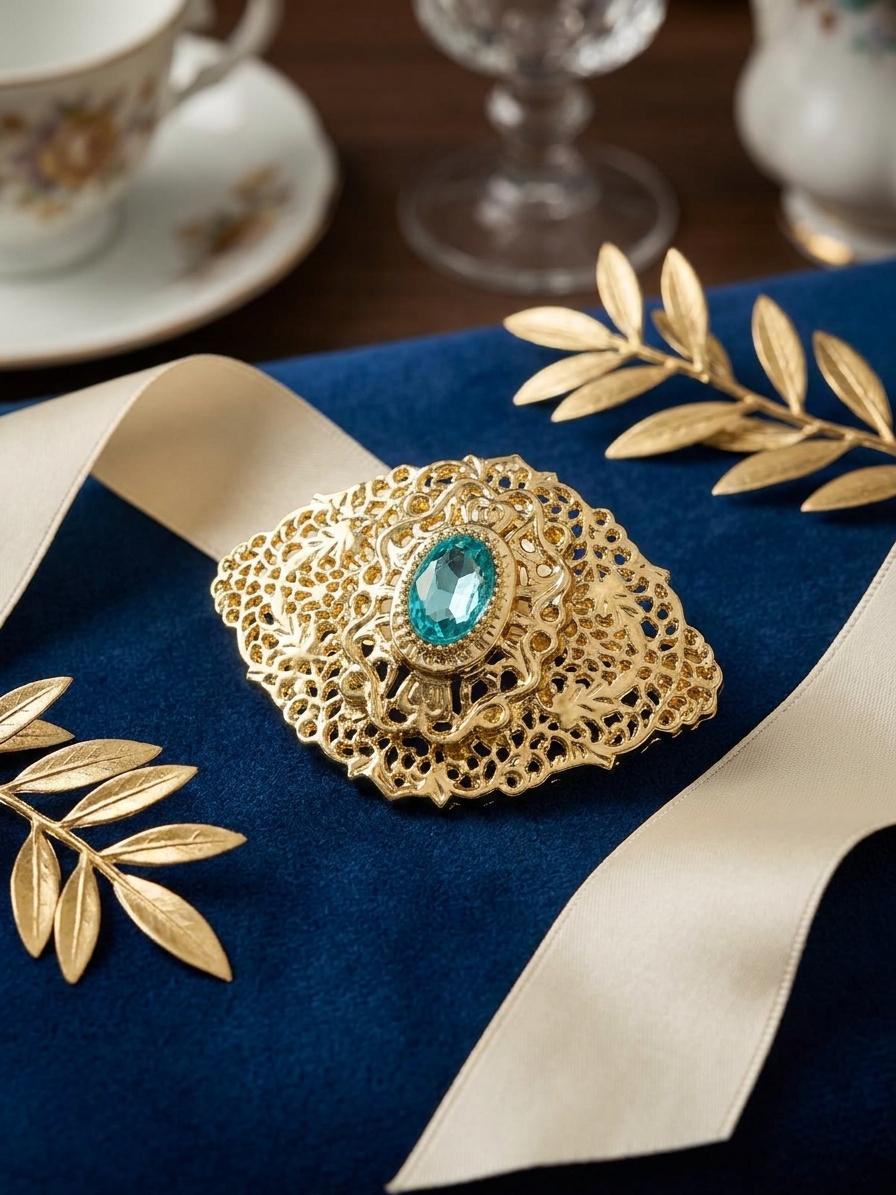 Elegant Filigree Brooch Petrol Blue - lifestyle