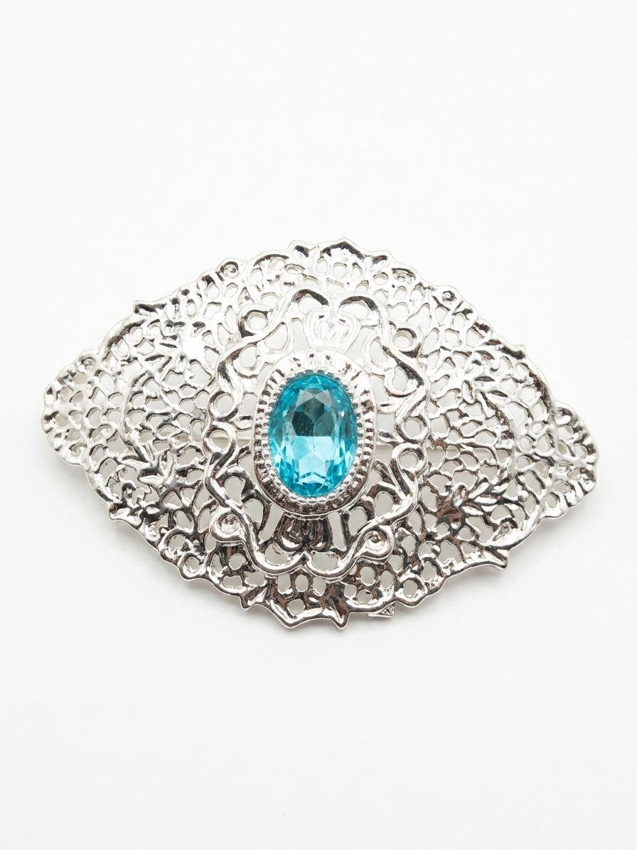 Elegant Filigree Brooch Petrol Blue - packshot fond blanc