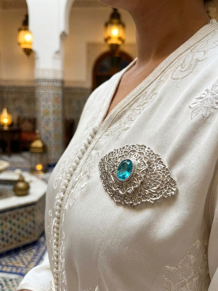 Elegant Filigree Brooch Petrol Blue - vue portee