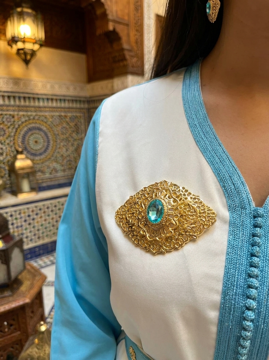 Elegant Filigree Brooch Petrol Blue - vue portee
