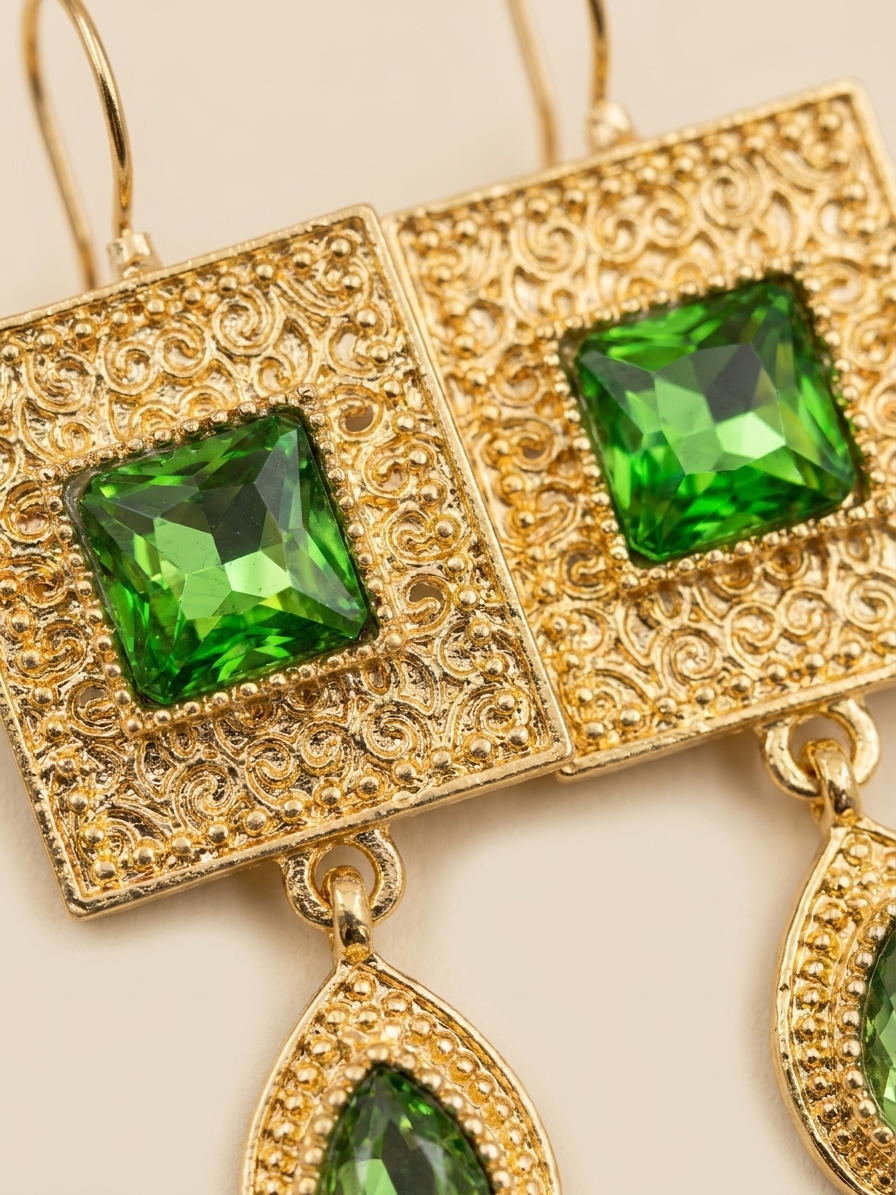 Elegant Filigree Drop Earrings Almond Green - zoom detail