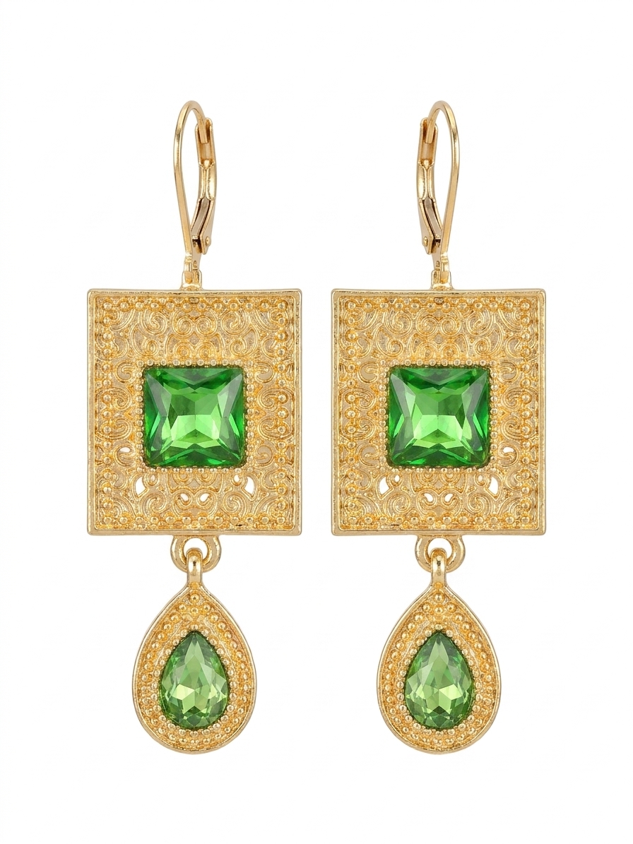 Elegant Filigree Drop Earrings Almond Green - packshot fond blanc