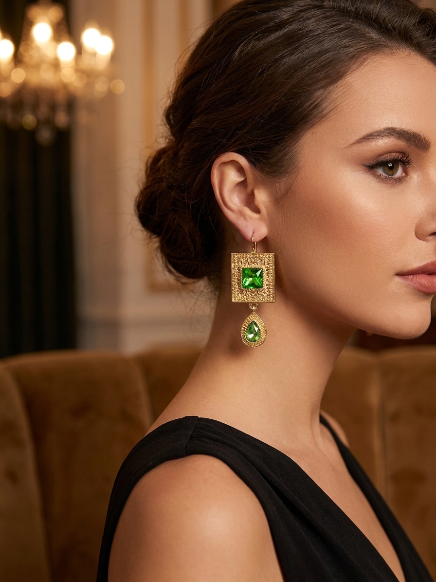 Elegant Filigree Drop Earrings Almond Green - vue portee
