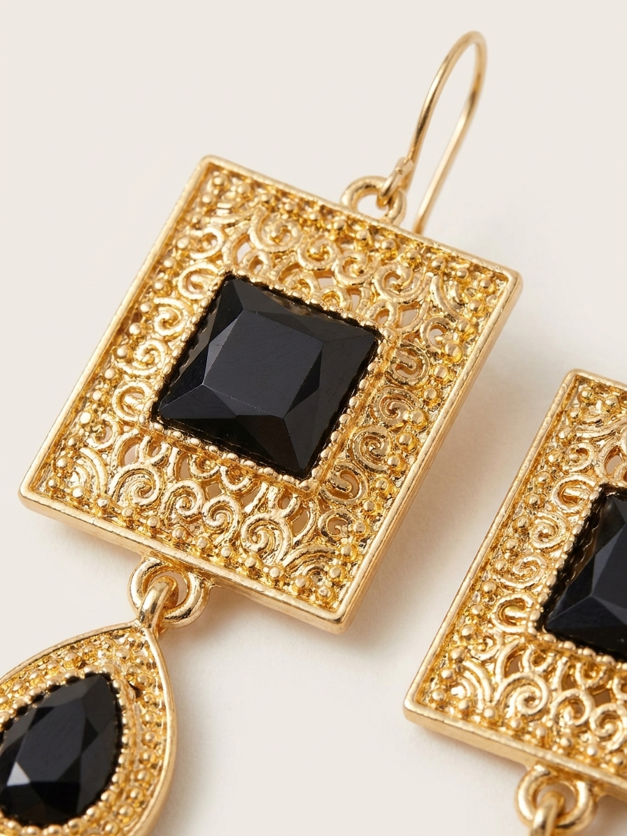 Elegant Filigree Drop Earrings Black - zoom detail