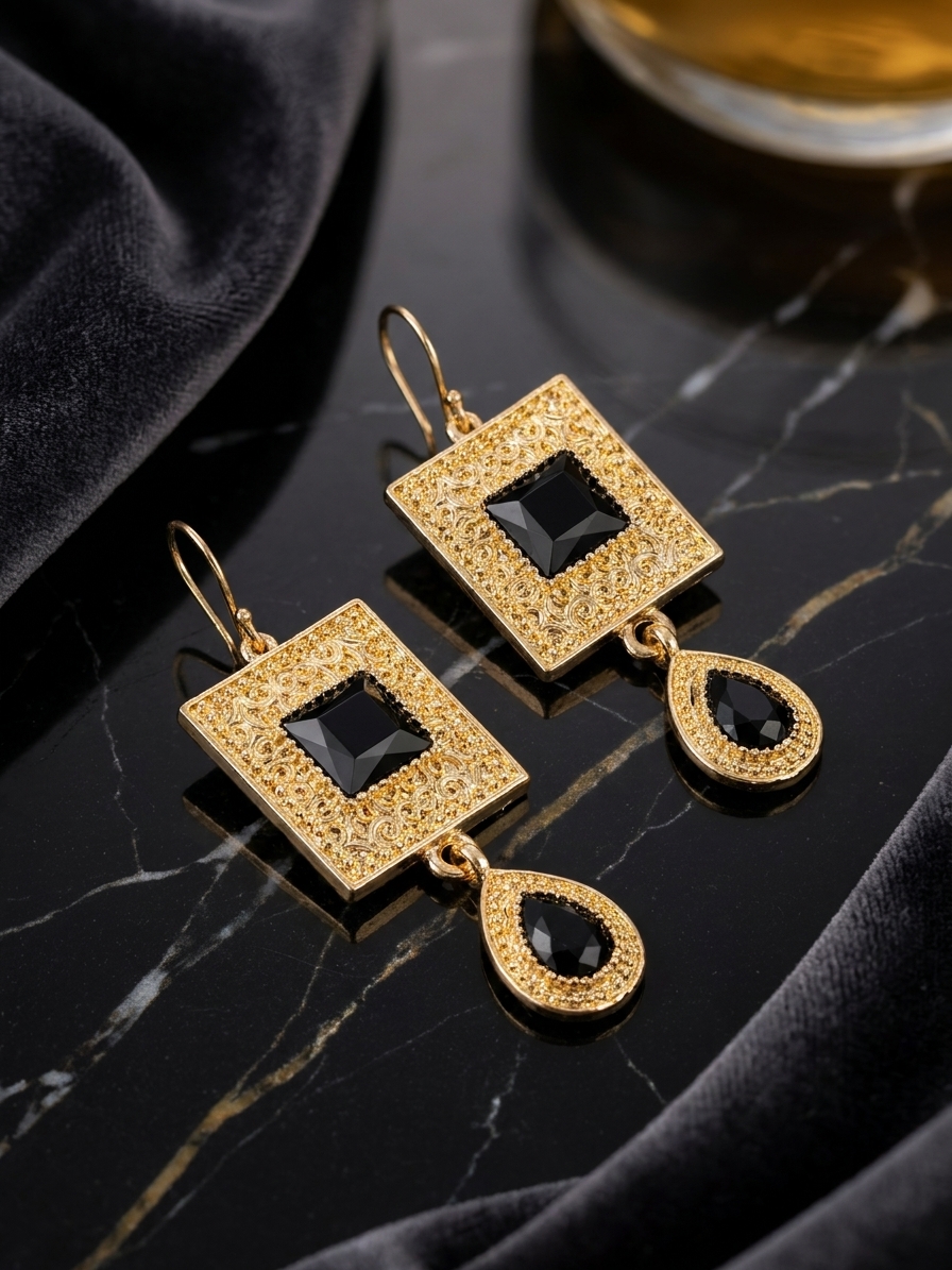Elegant Filigree Drop Earrings Black - lifestyle