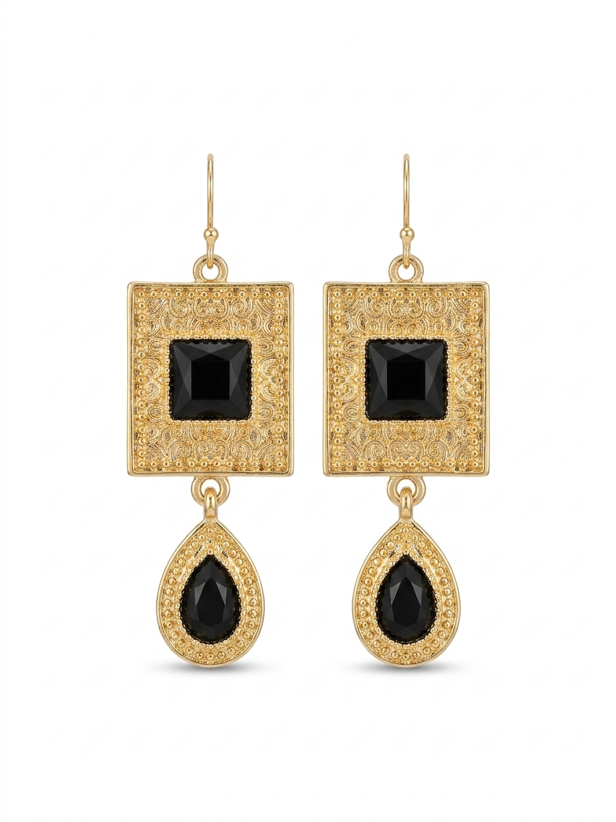 Elegant Filigree Drop Earrings Black - packshot fond blanc