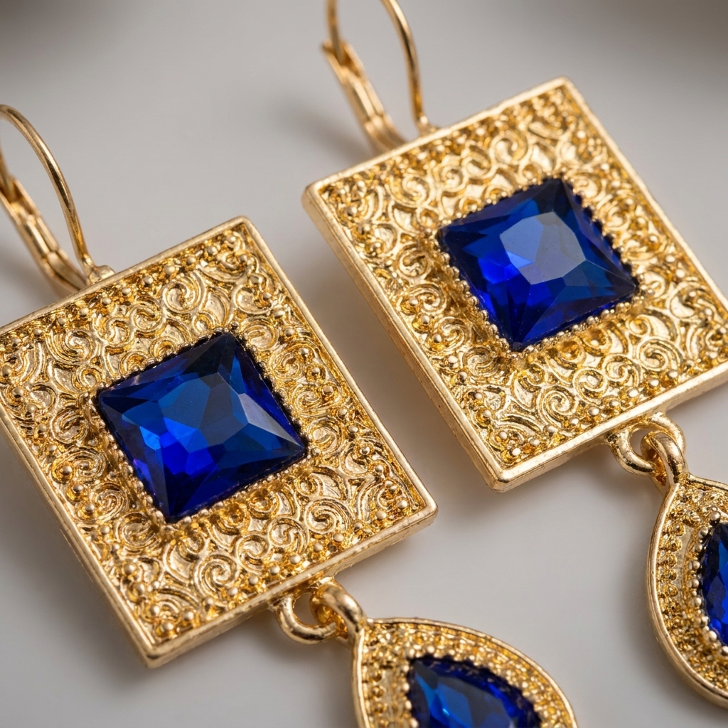 Elegant Filigree Drop Earrings Blue - zoom detail