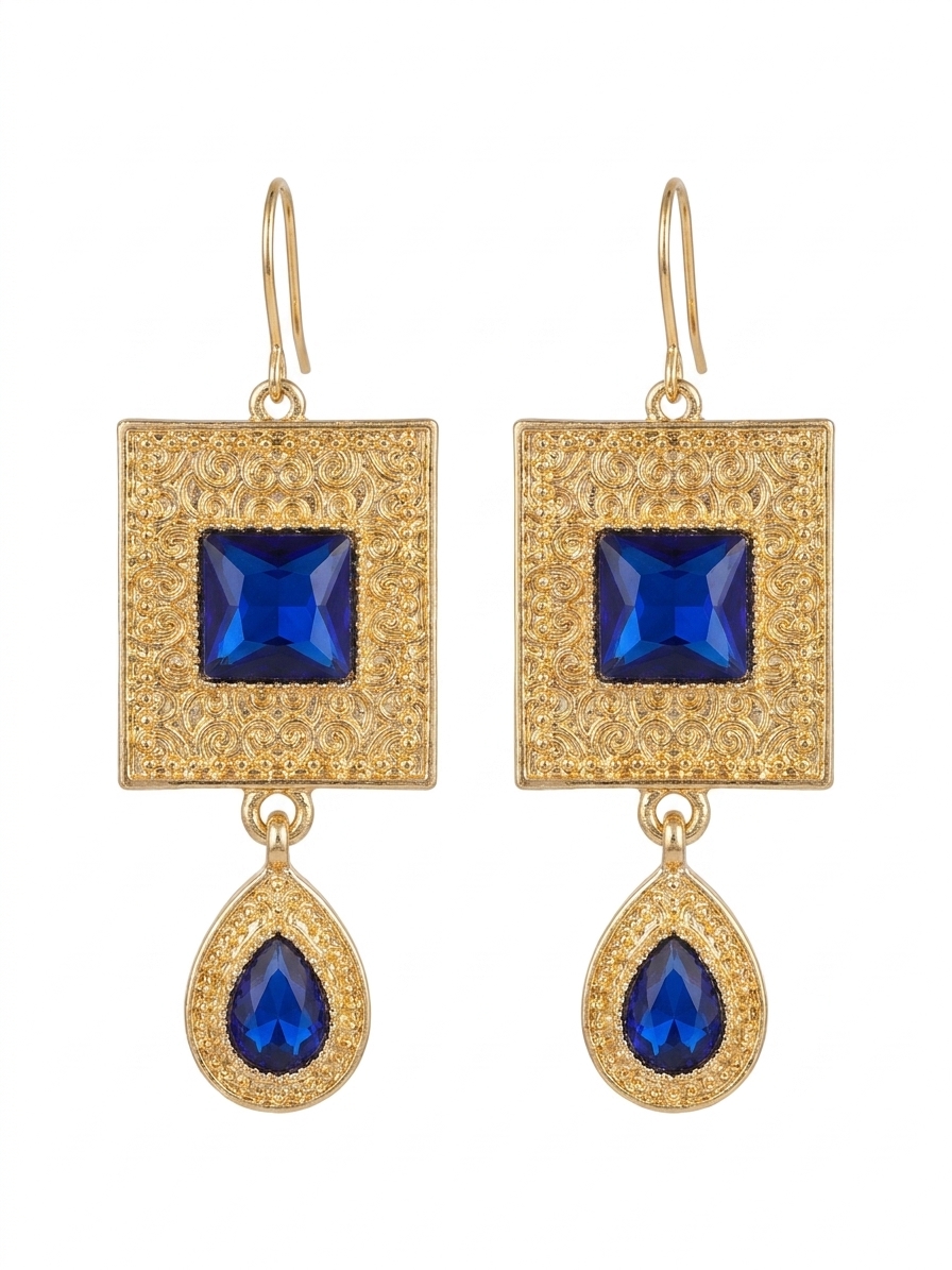 Elegant Filigree Drop Earrings Blue - packshot fond blanc