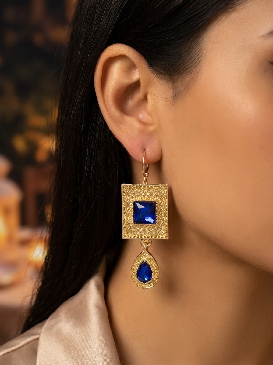 Elegant Filigree Drop Earrings Blue - vue portee