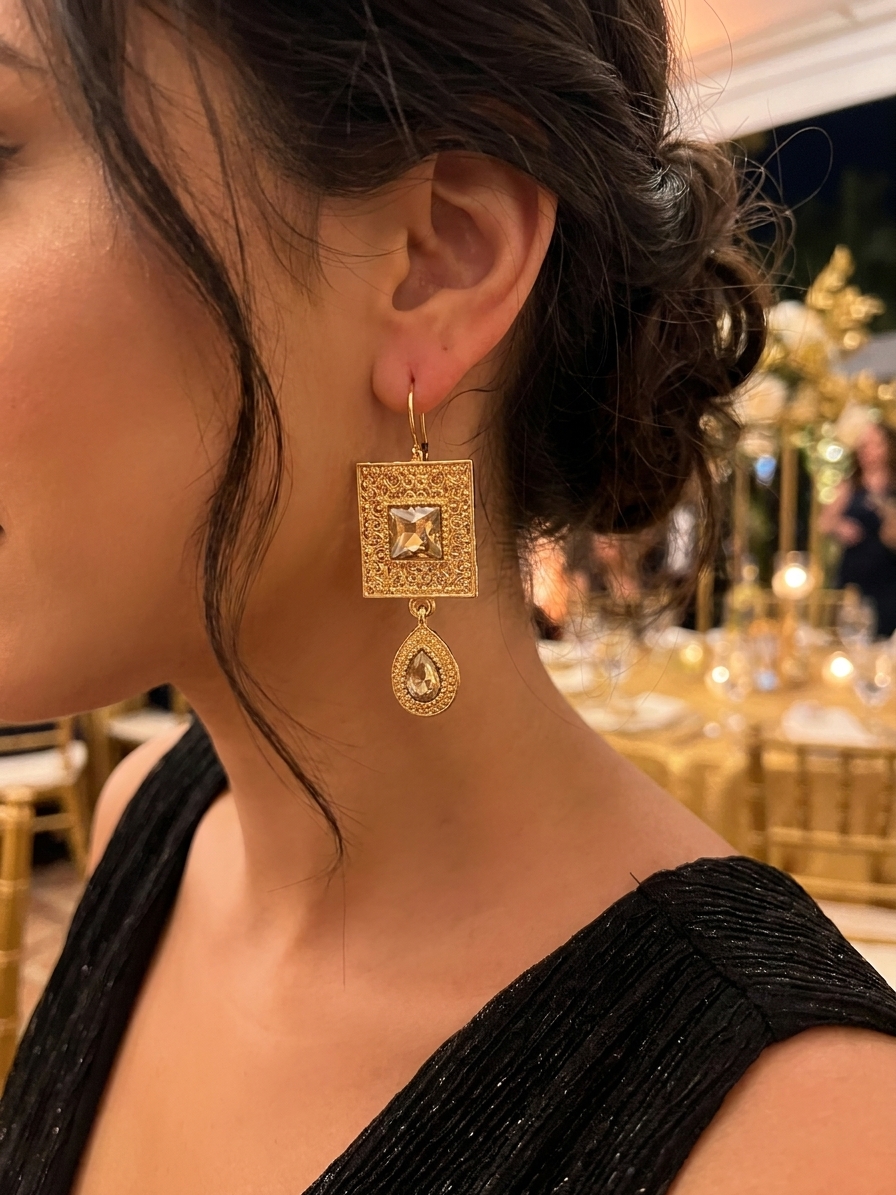 Elegant Filigree Drop Earrings Champagne - vue portee