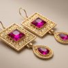 Elegant Filigree Drop Earrings Fuchsia - zoom detail