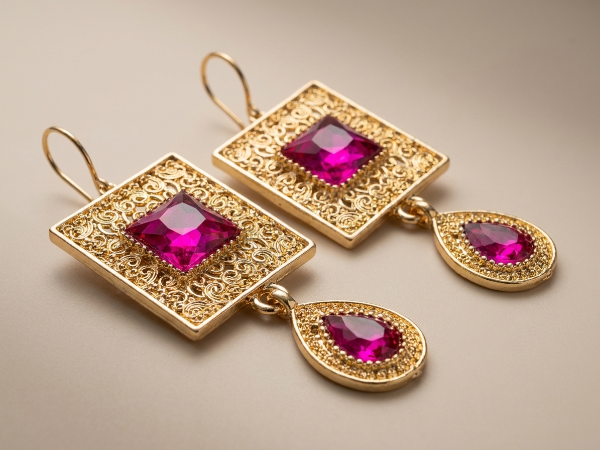 Elegant Filigree Drop Earrings Fuchsia - zoom detail