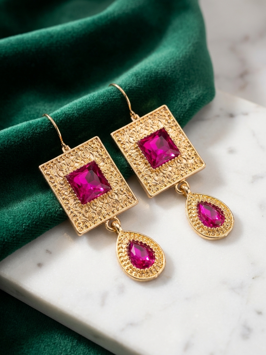 Elegant Filigree Drop Earrings Fuchsia - lifestyle