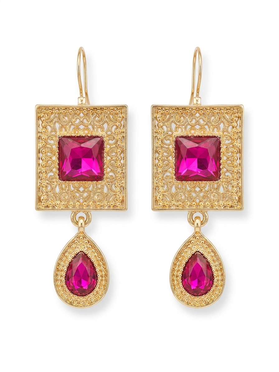 Elegant Filigree Drop Earrings Fuchsia - packshot fond blanc