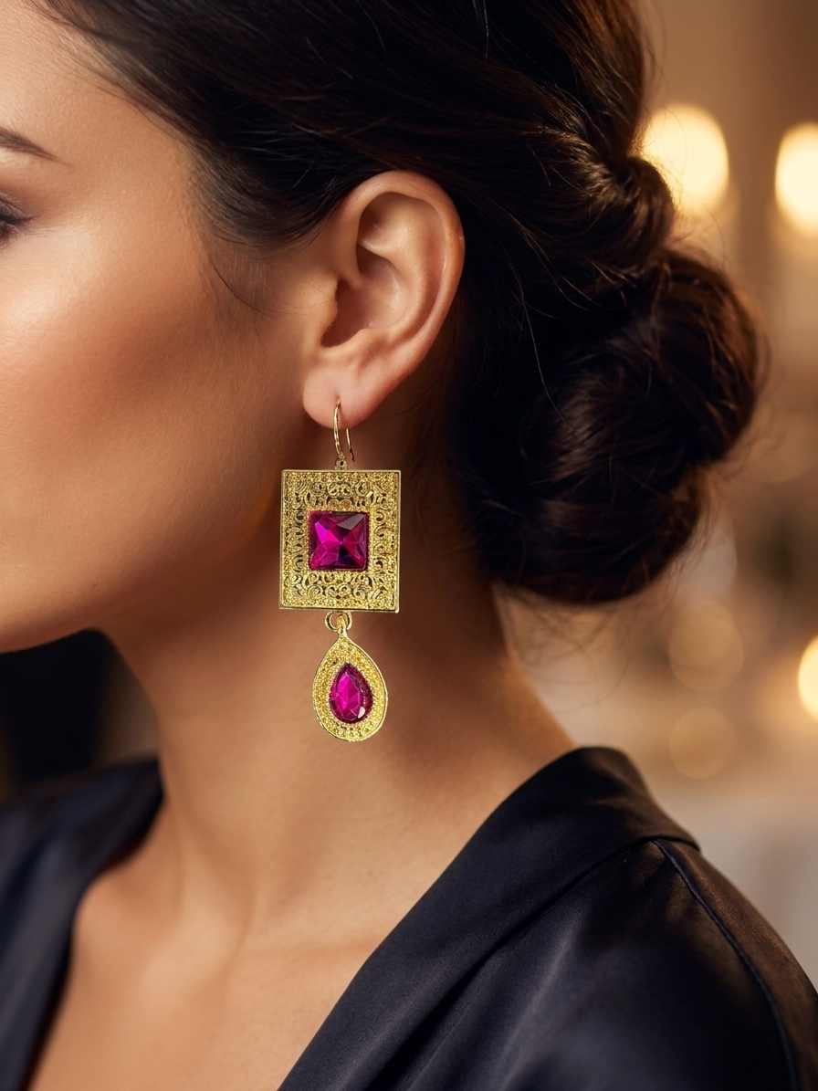 Elegant Filigree Drop Earrings Fuchsia - vue portee