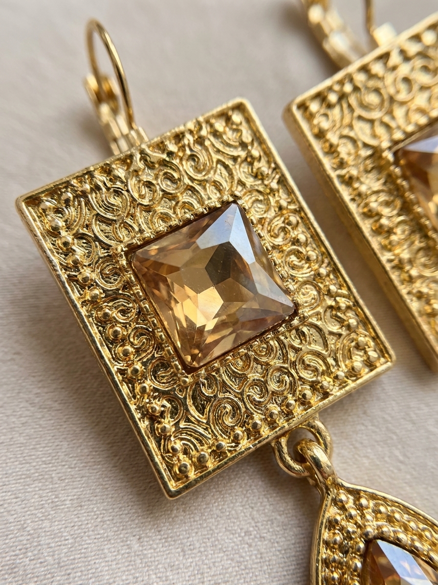 Elegant Filigree Drop Earrings Gold/Taupe - zoom detail
