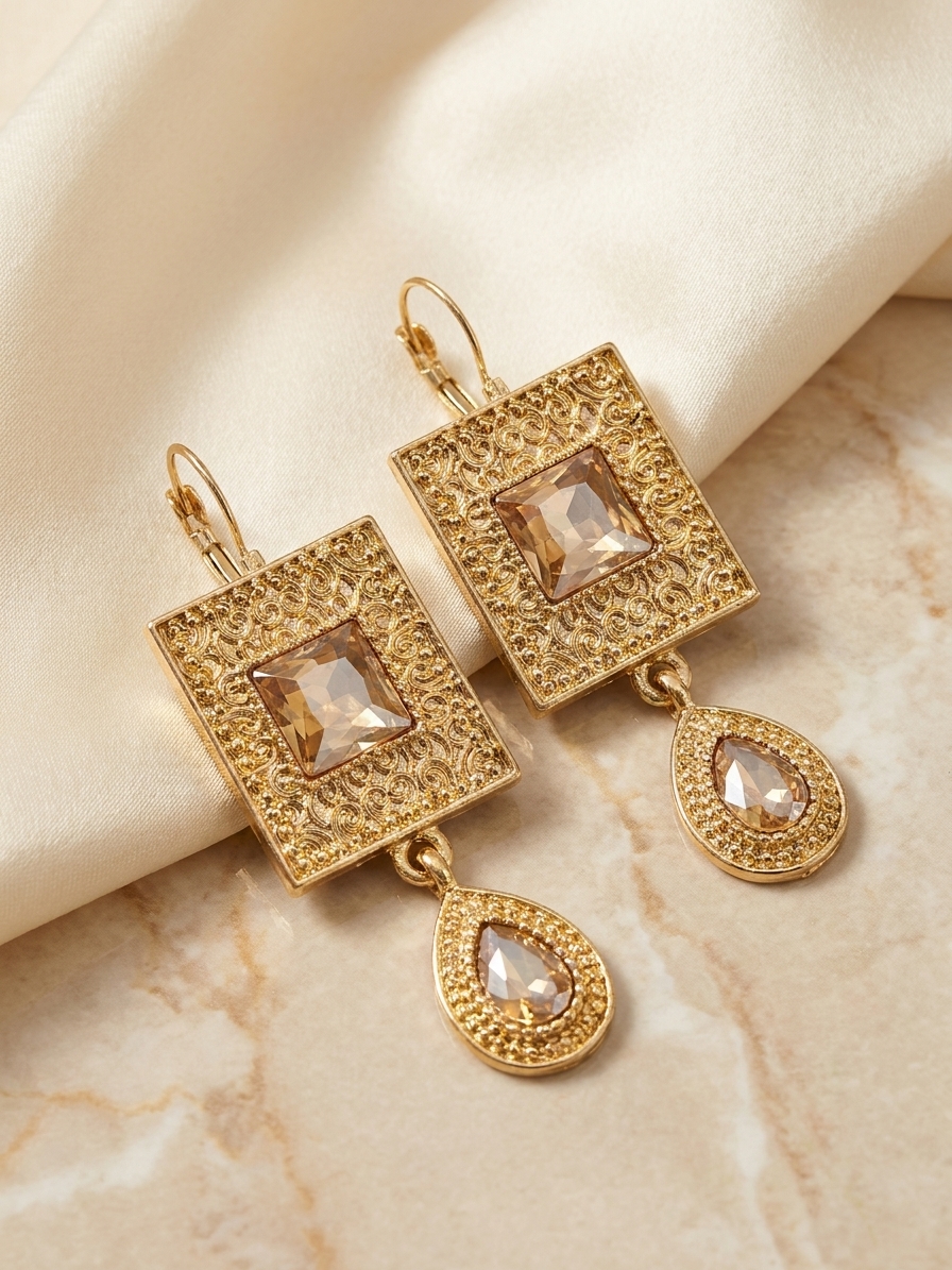 Elegant Filigree Drop Earrings Gold/Taupe - lifestyle