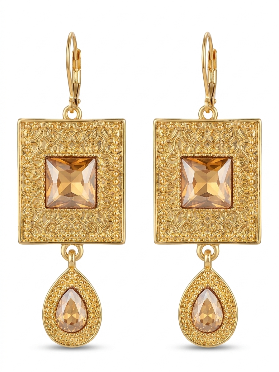 Elegant Filigree Drop Earrings Gold/Taupe - packshot fond blanc