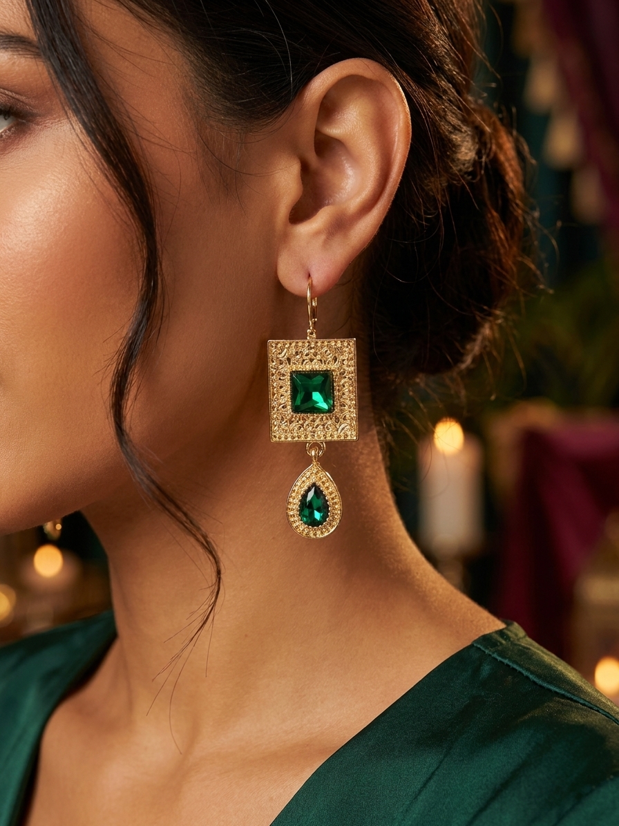 Elegant Filigree Drop Earrings Green - vue portee