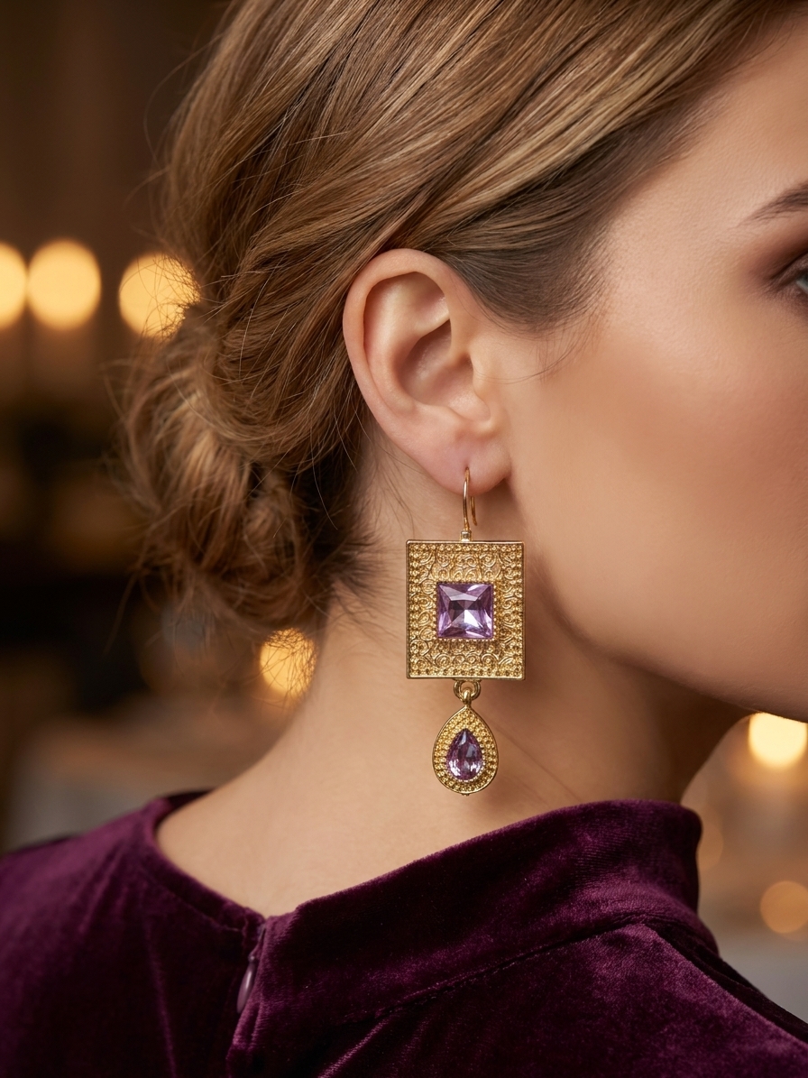 Elegant Filigree Drop Earrings Lilac - vue portee